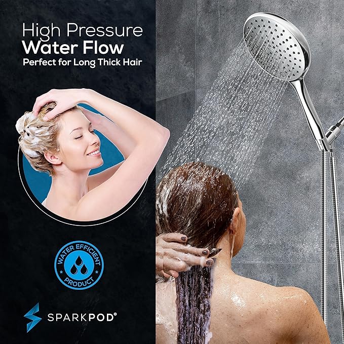 SparkPod High Pressure Handheld Shower Head with Hose- Huge 6-Inch Face- Rain Shower with Extra Long 6 ft. Hose and Premium Adjustable Bracket- Luxury Design -Tool-less 1-Min Installation (Chrome)