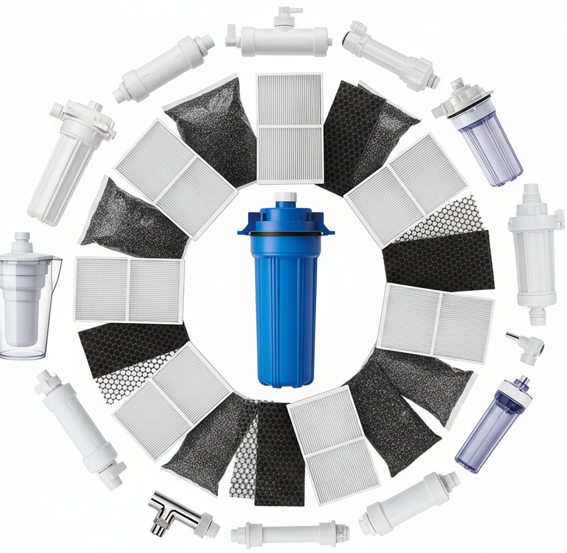 circle photo of air and water filtration supplies, make a real photo